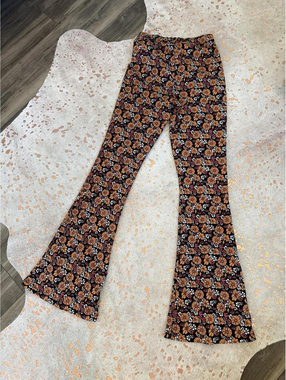 Topshop Womens Floral Flare Pants Orange Pink Daisy Plisse Bell Bottoms US 4